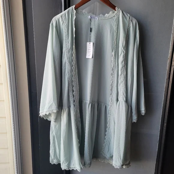 ELESOL Open Front flowy Kimono-Style Top Size XL  Lace Trim Mint / Seafoam Green - Picture 2 of 10